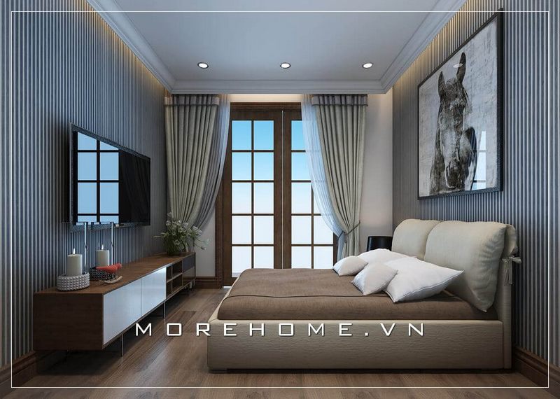 Giường ngủ hiện đại bọc da màu xám tô điểm thêm cho không gian phòng ngủ thêm phần sang trọng và đẹp mắt hơn